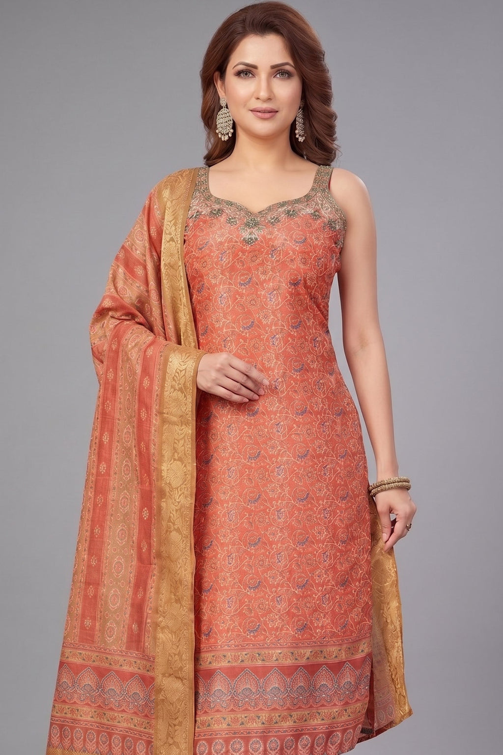 Orange Chanderi Printed Straight Cut Kurti Set