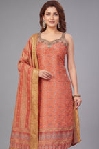 Orange Chanderi Printed Straight Cut Kurti Set