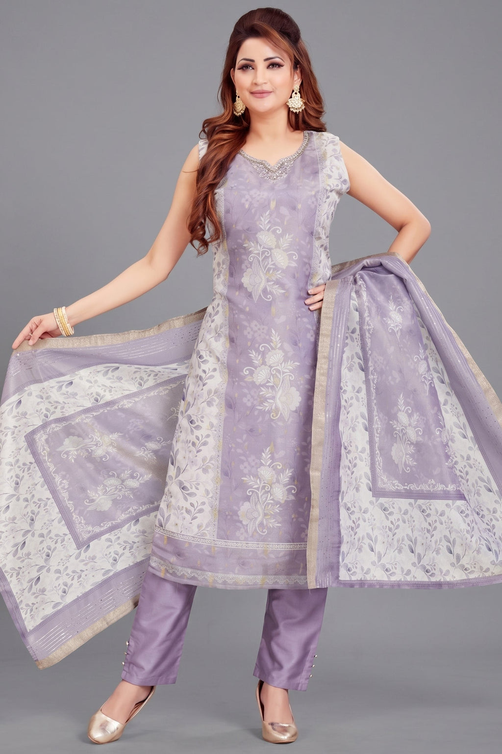 Lavender Chanderi Cotton Floral Printed Straight Cut Kurti Set