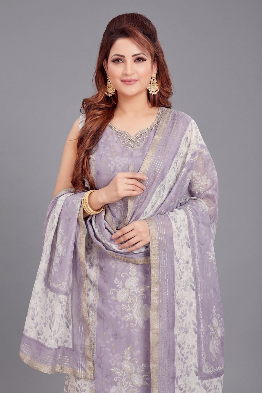 Lavender Chanderi Cotton Floral Printed Straight Cut Kurti Set