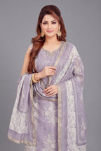 Lavender Chanderi Cotton Floral Printed Straight Cut Kurti Set