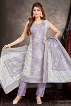 Lavender Chanderi Cotton Floral Printed Straight Cut Kurti Set