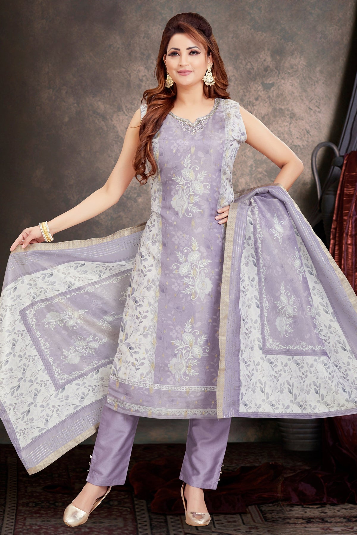 Lavender Chanderi Cotton Floral Printed Straight Cut Kurti Set