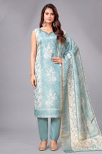 Light Blue Chanderi Cotton Floral Printed Straight Cut Kurti Set