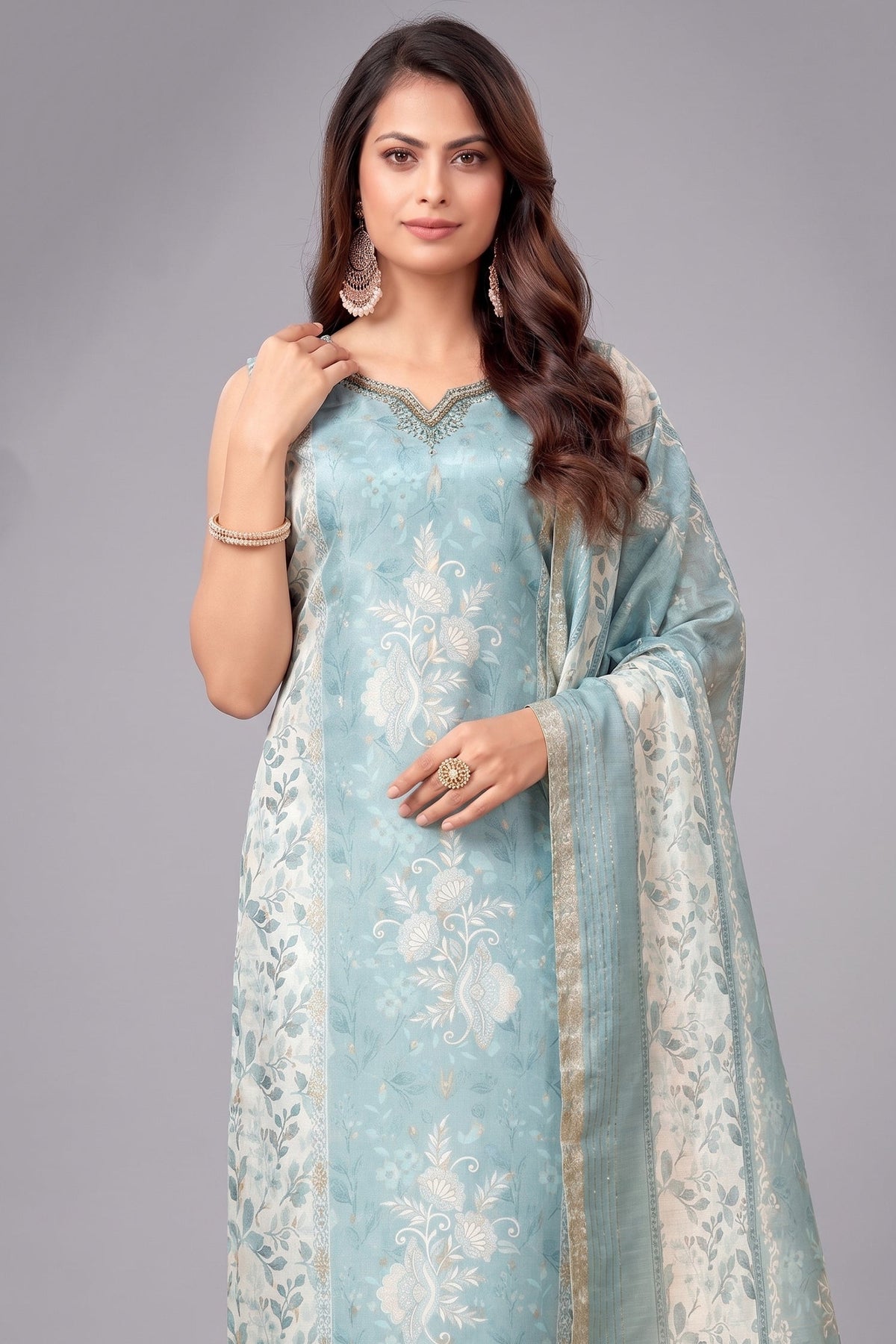 Light Blue Chanderi Cotton Floral Printed Straight Cut Kurti Set