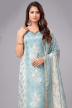 Light Blue Chanderi Cotton Floral Printed Straight Cut Kurti Set