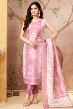 Pink Chanderi Cotton Floral Printed Straight Cut Kurti Set
