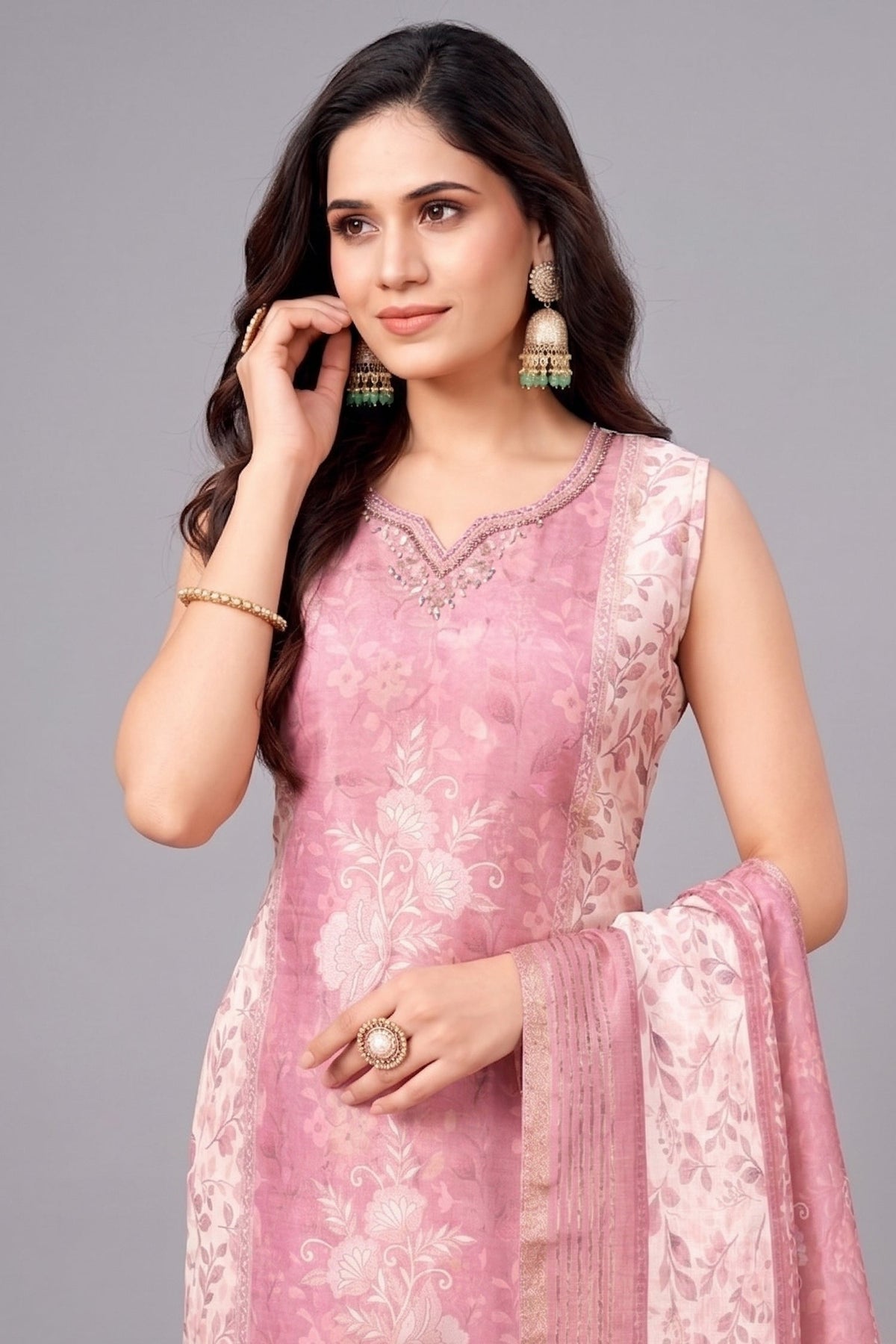 Pink Chanderi Cotton Floral Printed Straight Cut Kurti Set