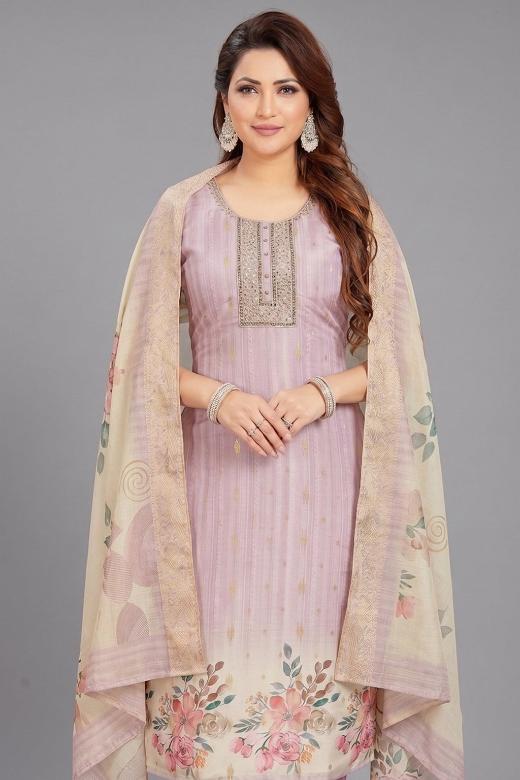 Lilac Art Silk Straight Cut Kurti Set