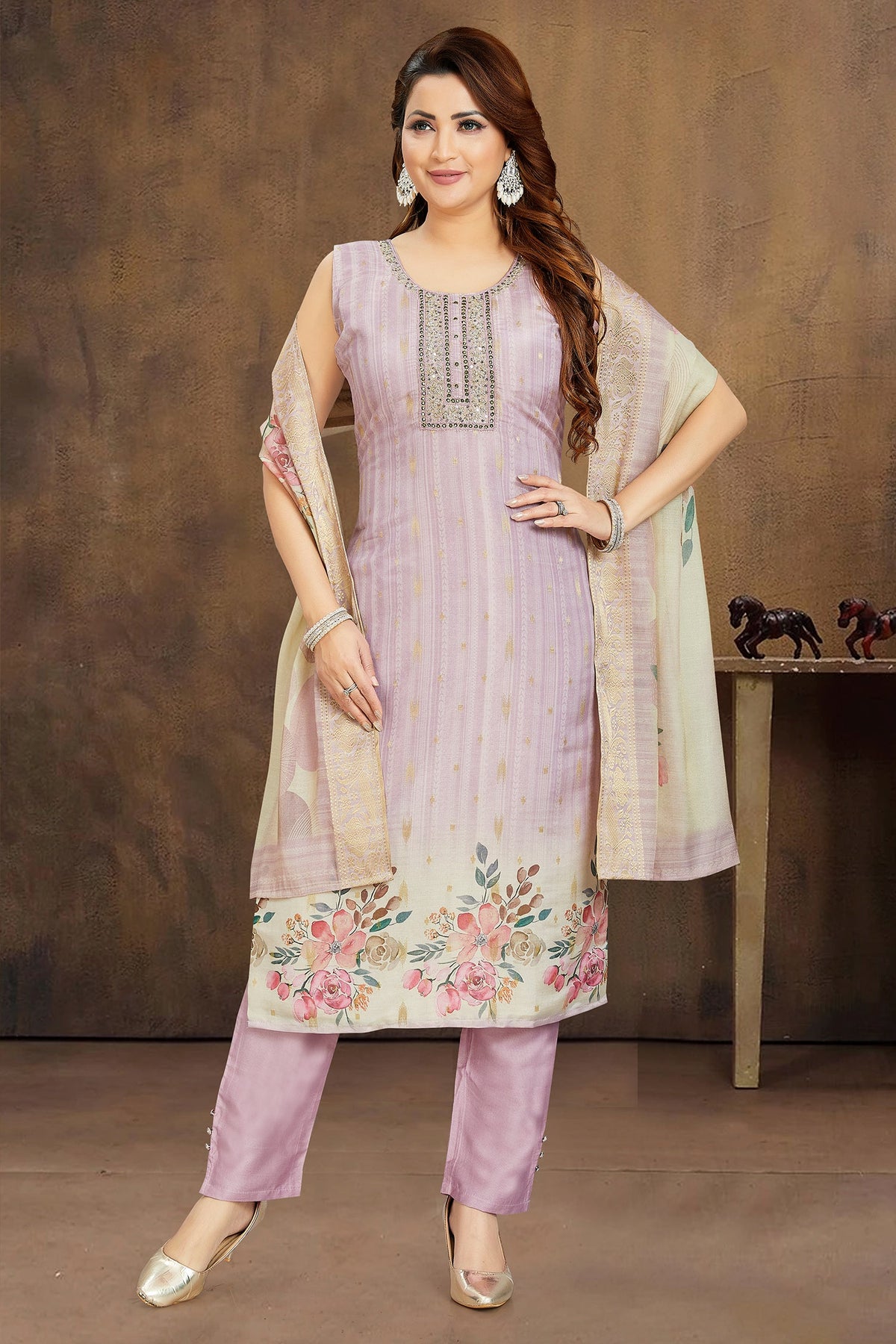 Lilac Art Silk Straight Cut Kurti Set
