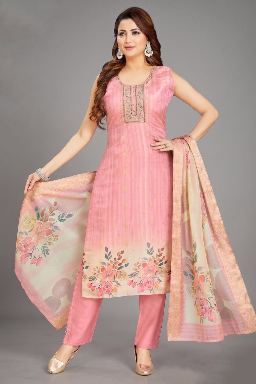 Pink Art Silk Straight Cut Kurti Set