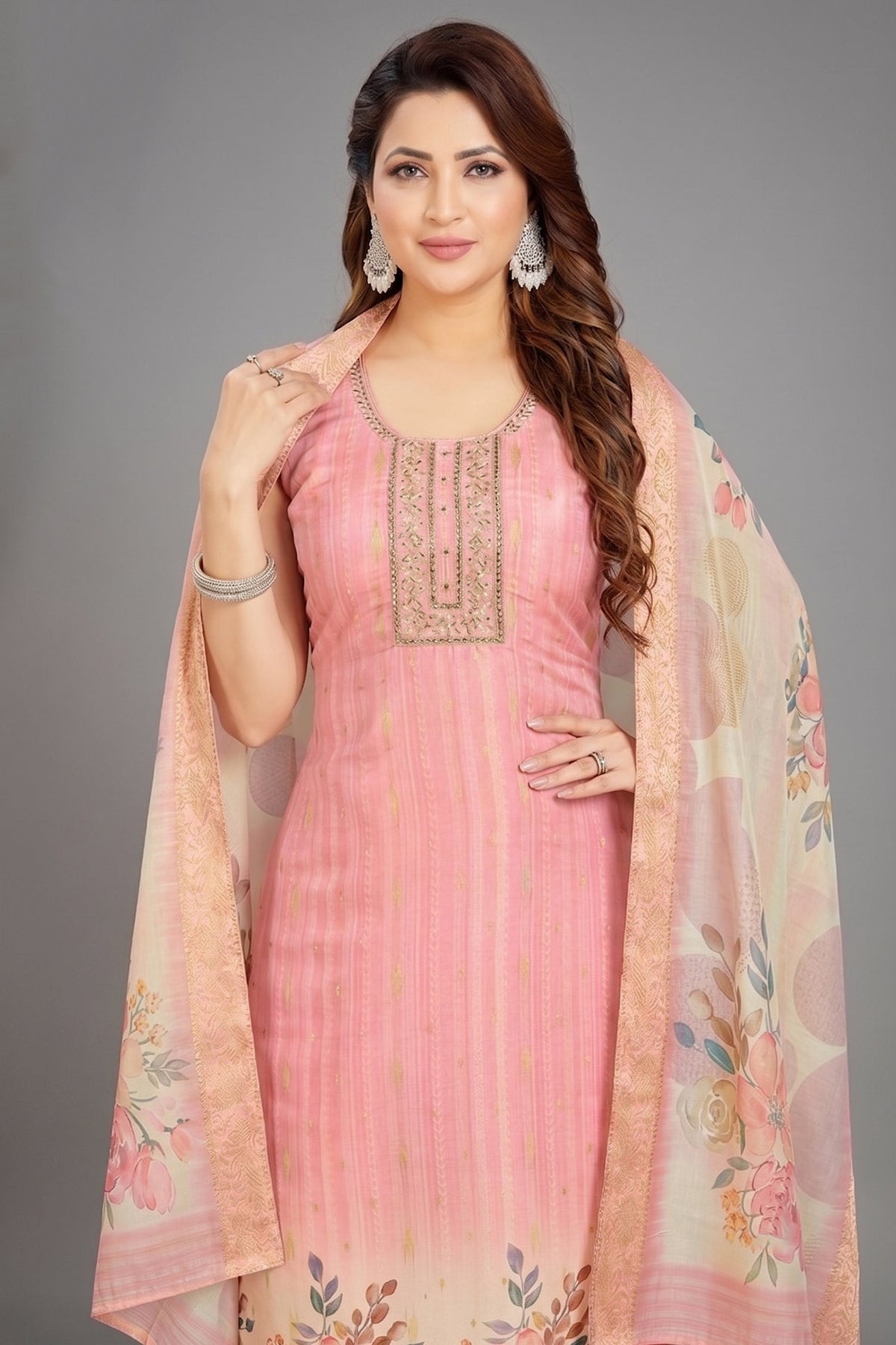 Pink Art Silk Straight Cut Kurti Set