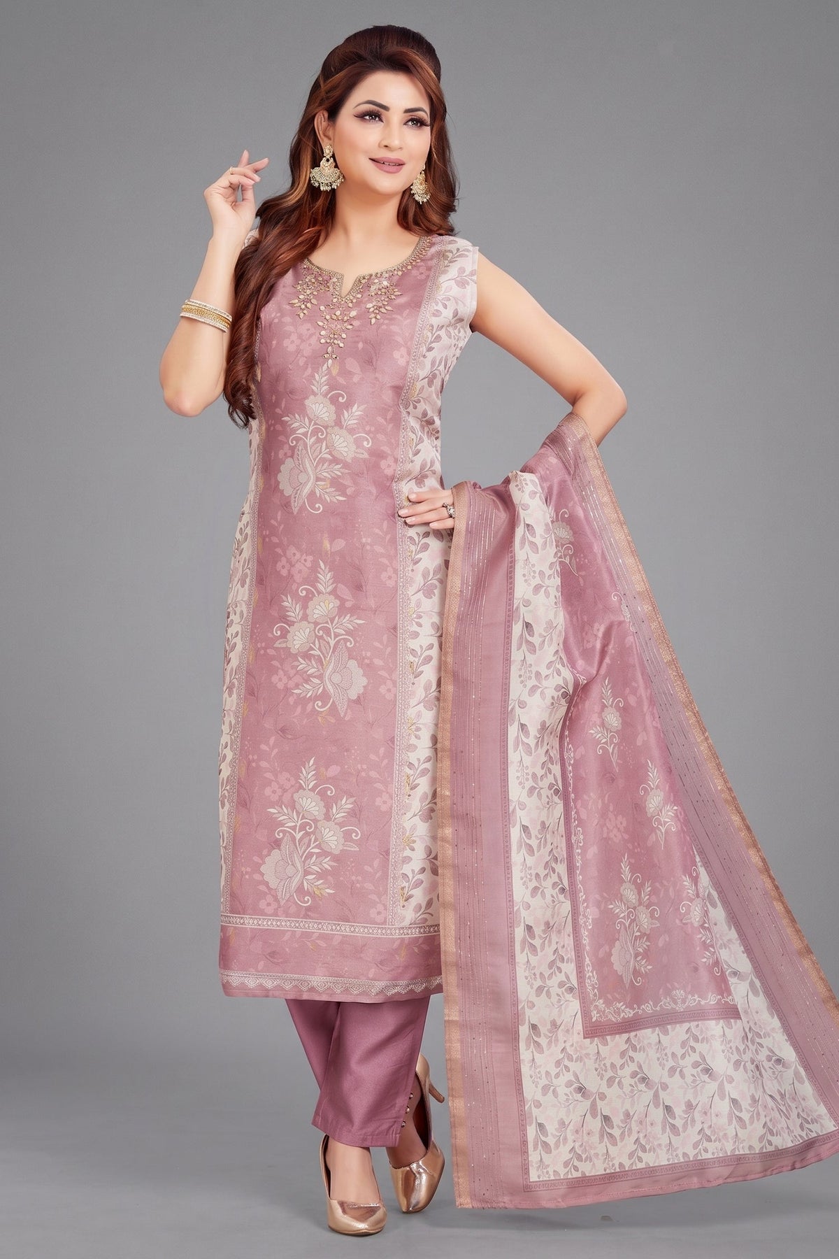 Dusty Pink Chanderi Cotton Floral Printed Straight Cut Kurti Set