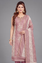 Dusty Pink Chanderi Cotton Floral Printed Straight Cut Kurti Set