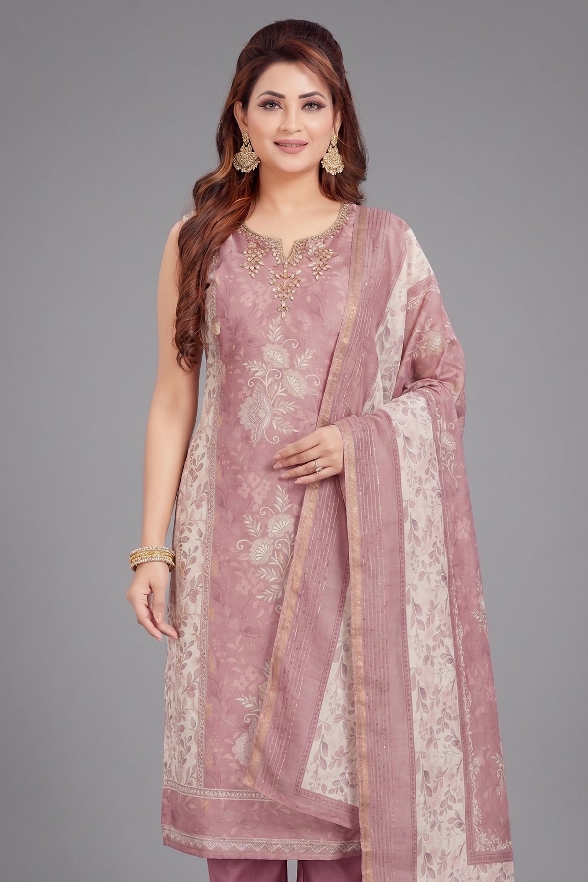 Dusty Pink Chanderi Cotton Floral Printed Straight Cut Kurti Set