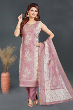 Dusty Pink Chanderi Cotton Floral Printed Straight Cut Kurti Set