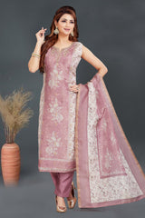 Dusty Pink Chanderi Cotton Floral Printed Straight Cut Kurti Set