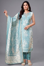 Sea Green Chanderi Cotton Floral Printed Straight Cut Kurti Set