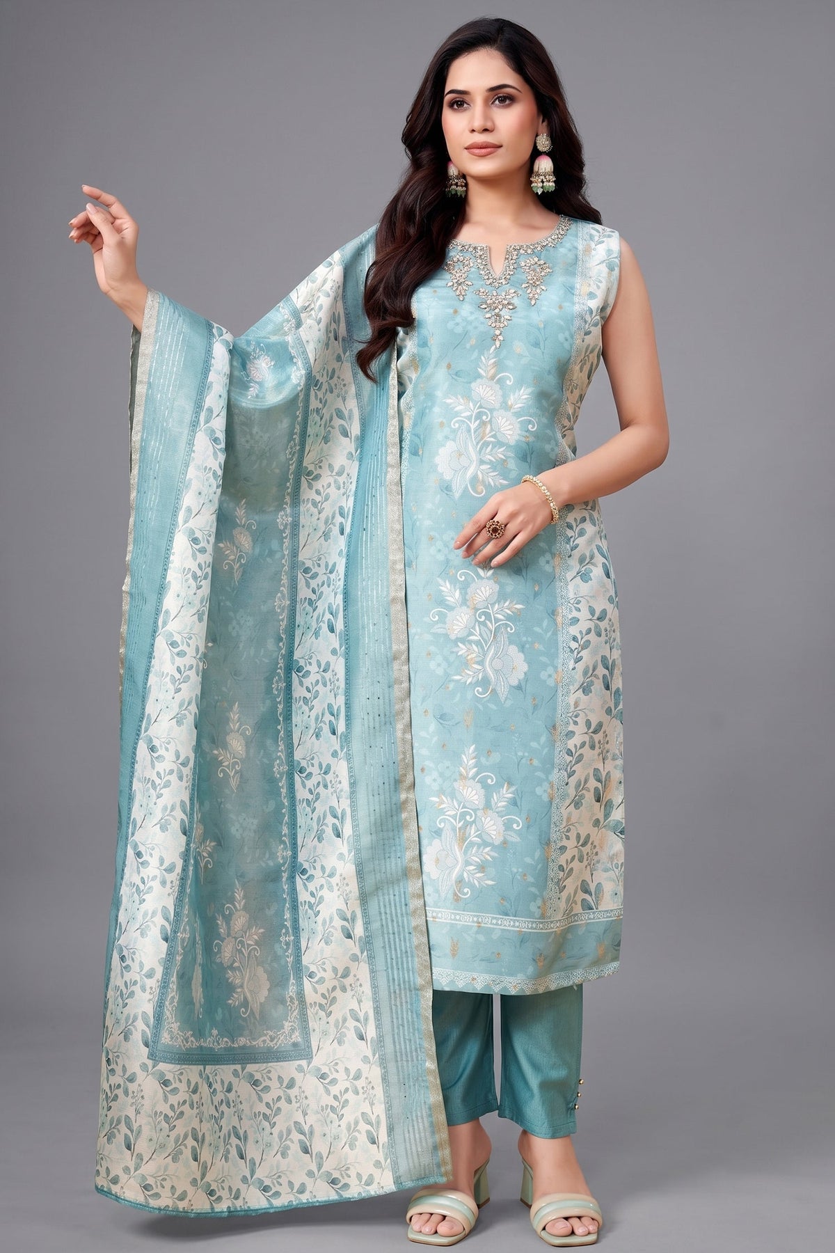 Sea Green Chanderi Cotton Floral Printed Straight Cut Kurti Set