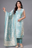 Sea Green Chanderi Cotton Floral Printed Straight Cut Kurti Set