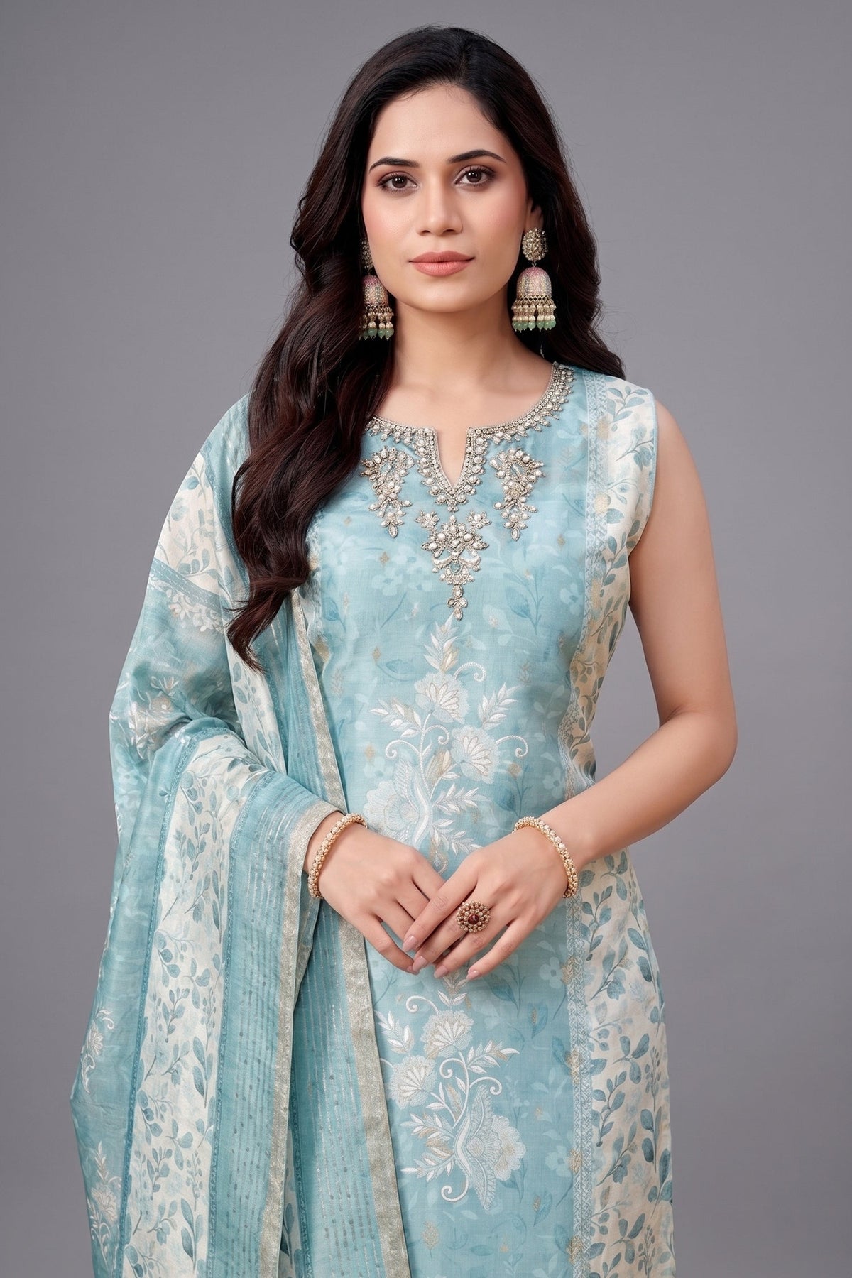 Sea Green Chanderi Cotton Floral Printed Straight Cut Kurti Set