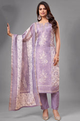 Lilac Chanderi Cotton Floral Printed Straight Cut Kurti Set