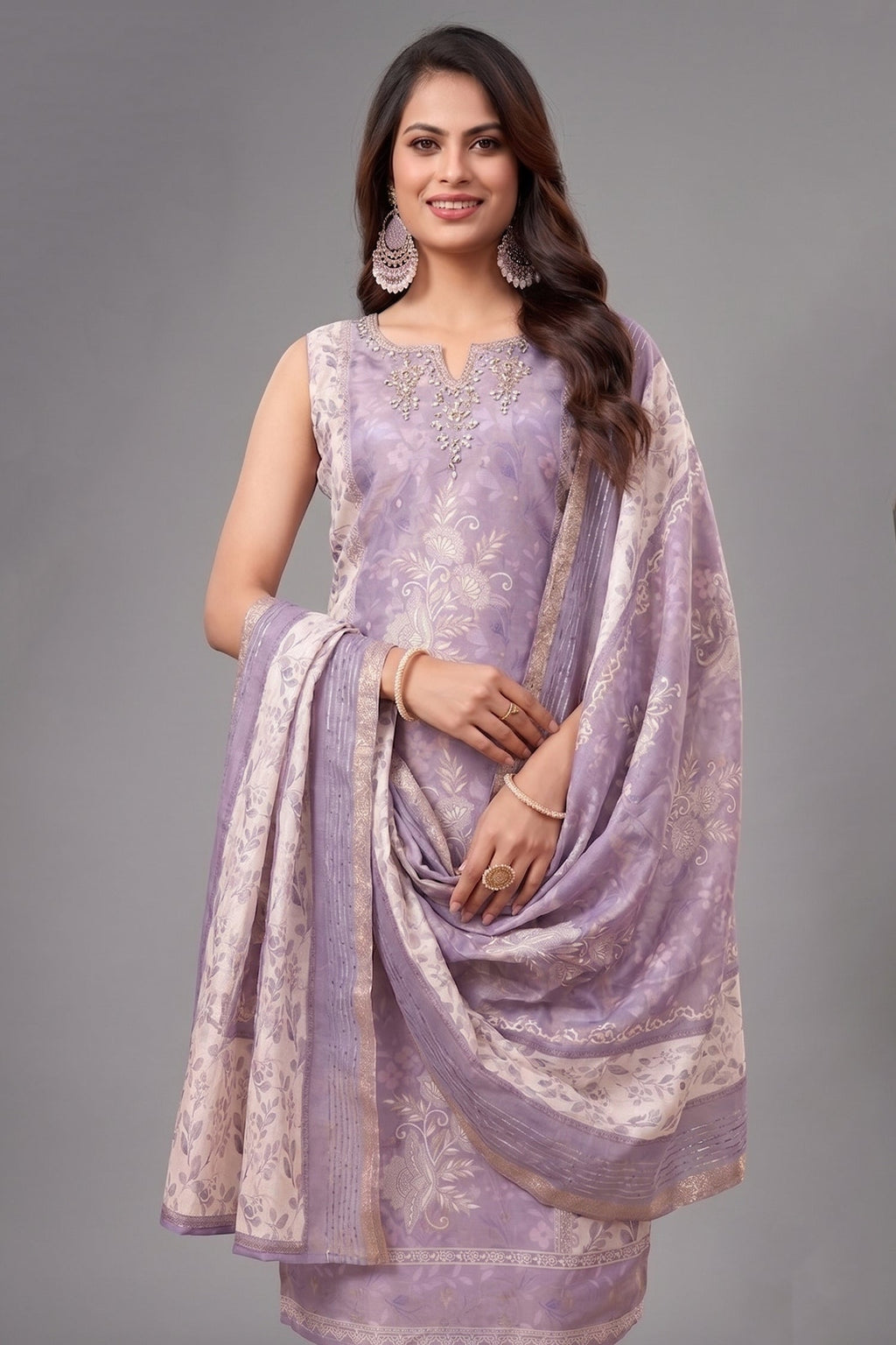 Lilac Chanderi Cotton Floral Printed Straight Cut Kurti Set