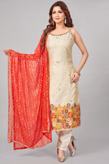 Cream Art Silk Woven Straight Cut Kurti Set