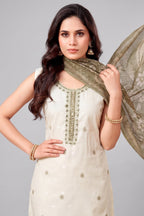 Off White Chanderi Paisley Printed Straight Cut Kurti Set