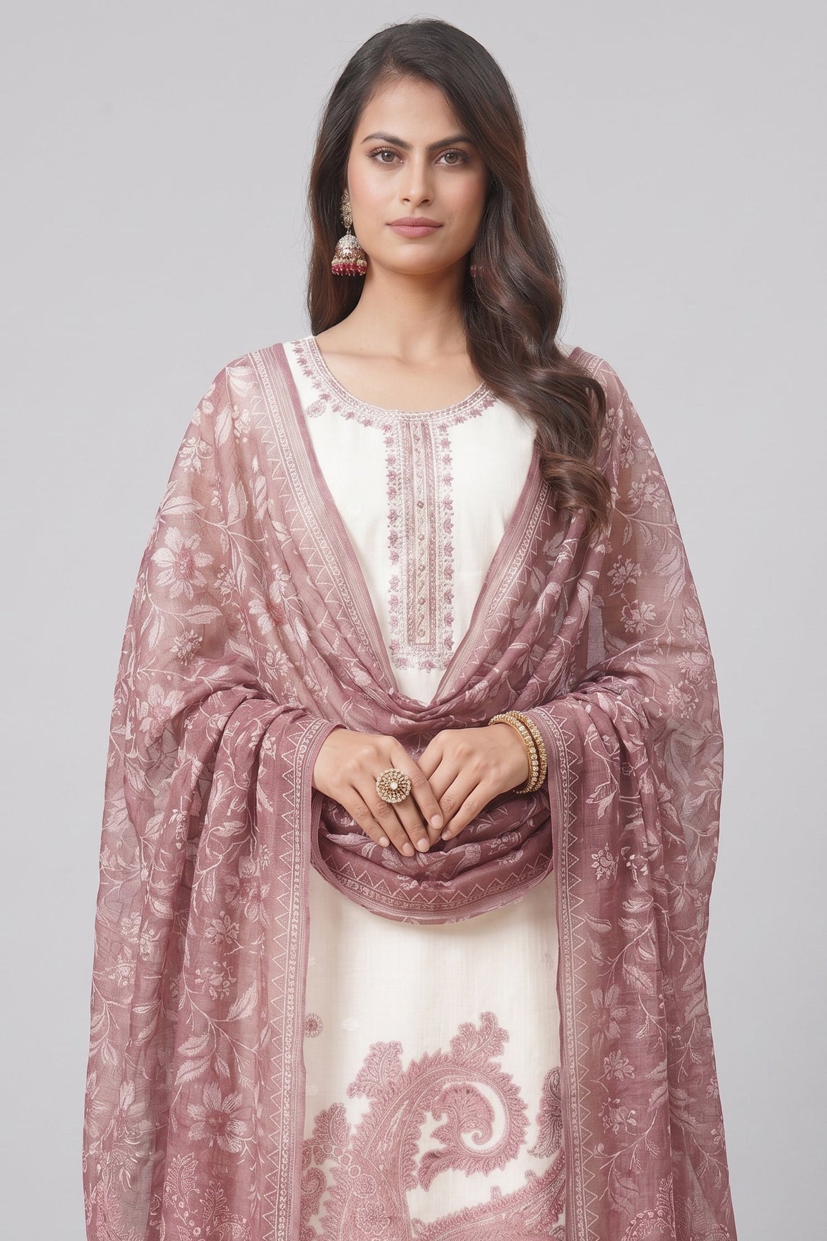 Off White Chanderi Paisley Printed Straight Cut Kurti Set