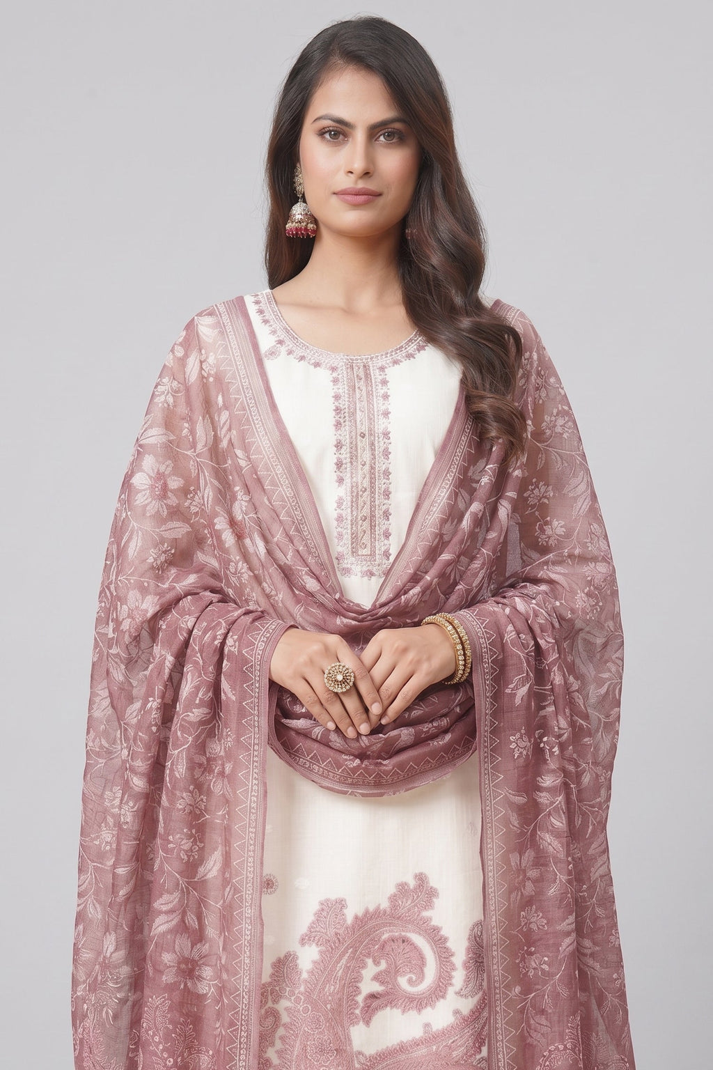 Off White Chanderi Paisley Printed Straight Cut Kurti Set