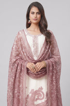 Off White Chanderi Paisley Printed Straight Cut Kurti Set