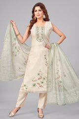 Cream Chanderi Cotton Floral Digital Printed Straight Cut Kurti Set