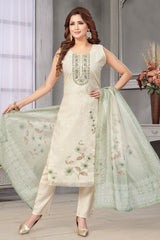Cream Chanderi Cotton Floral Digital Printed Straight Cut Kurti Set