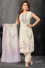 Cream Chanderi Cotton Floral Digital Printed Straight Cut Kurti Set