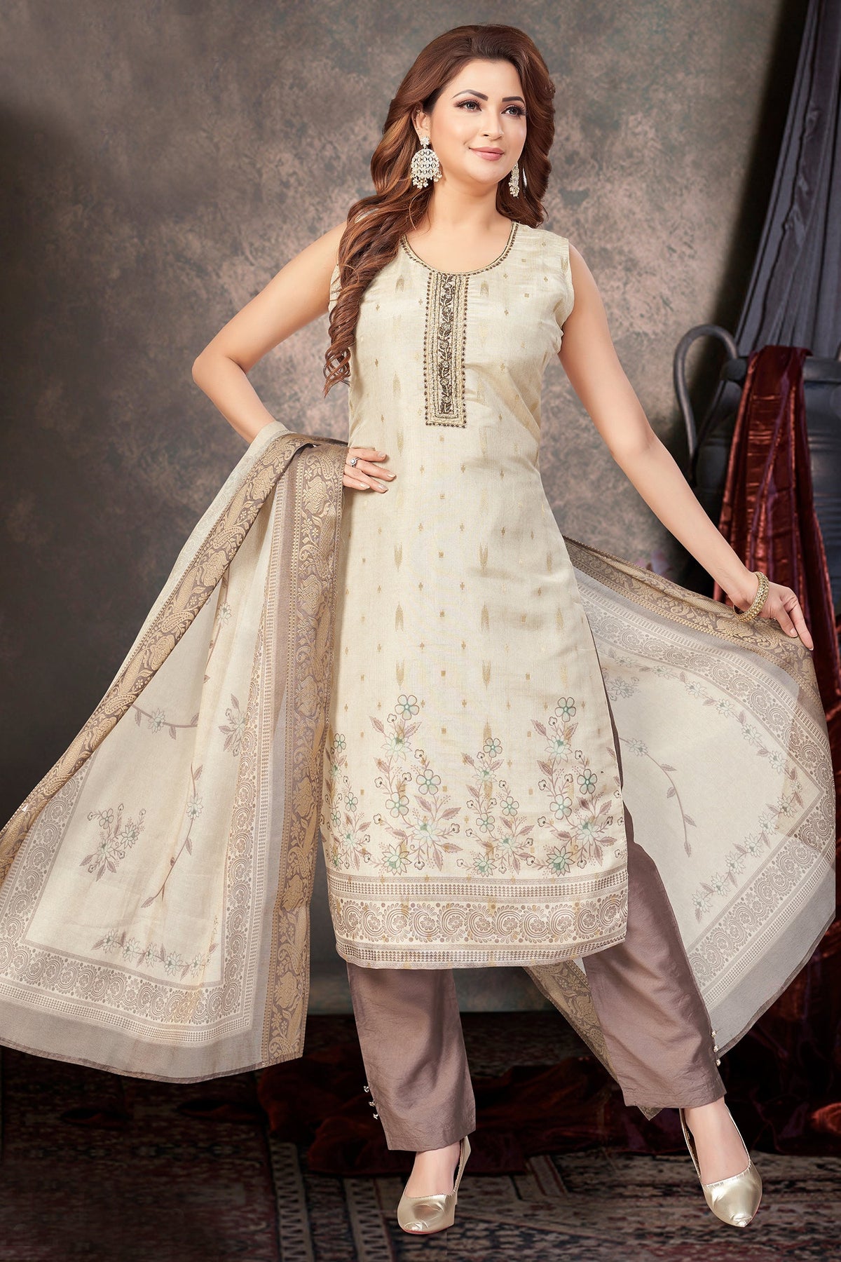 Cream Chanderi Cotton Digital Printed Straight Cut Kurti Set