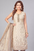 Cream Chanderi Cotton Digital Printed Straight Cut Kurti Set