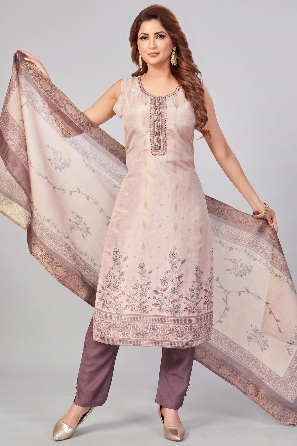 Pink Chanderi Cotton Digital Printed Straight Cut Kurti Set