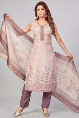 Pink Chanderi Cotton Digital Printed Straight Cut Kurti Set