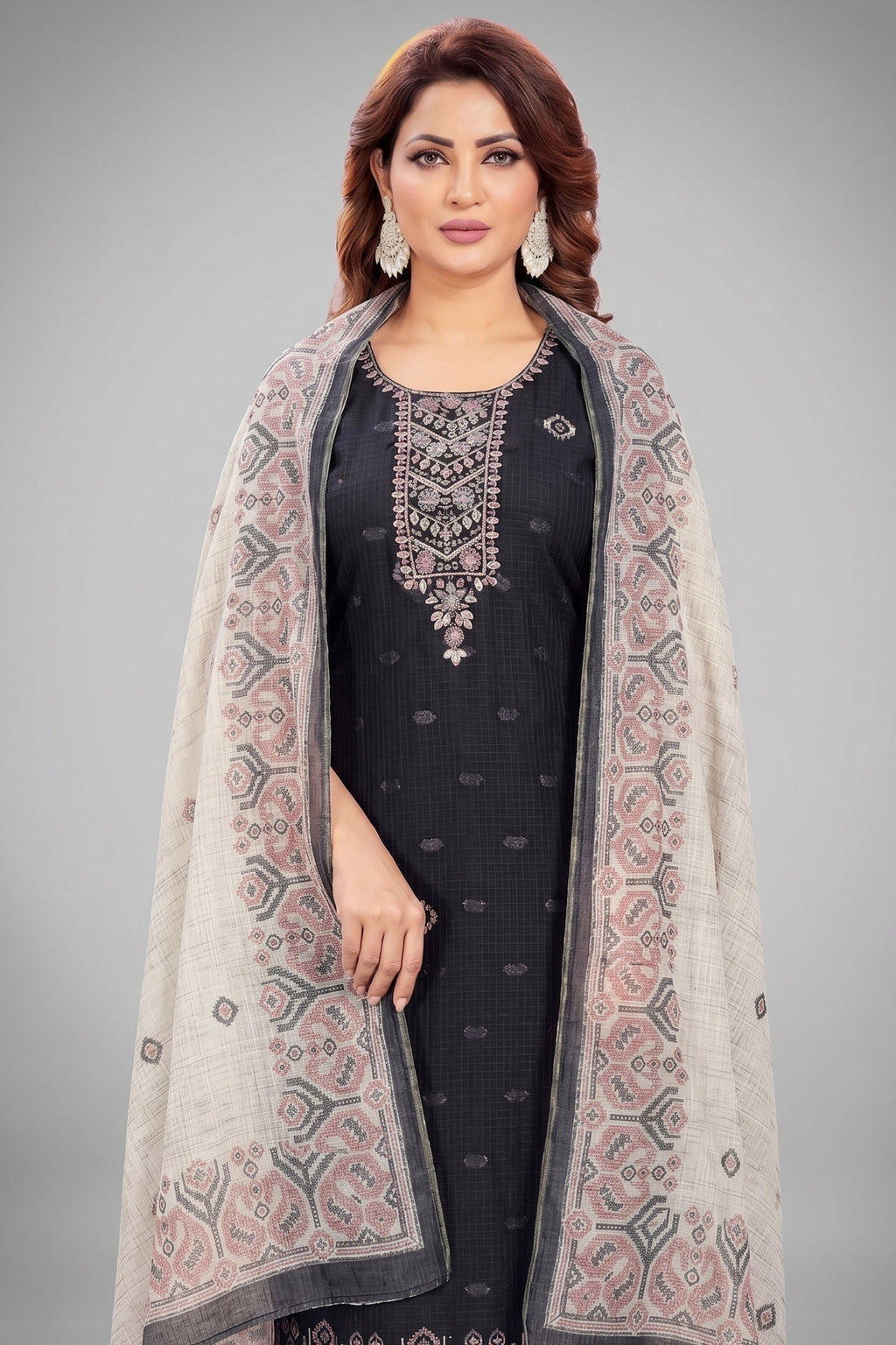 Black Chanderi Cotton Printed Straight Cut Kurti Set