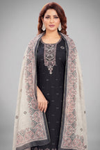 Black Chanderi Cotton Printed Straight Cut Kurti Set
