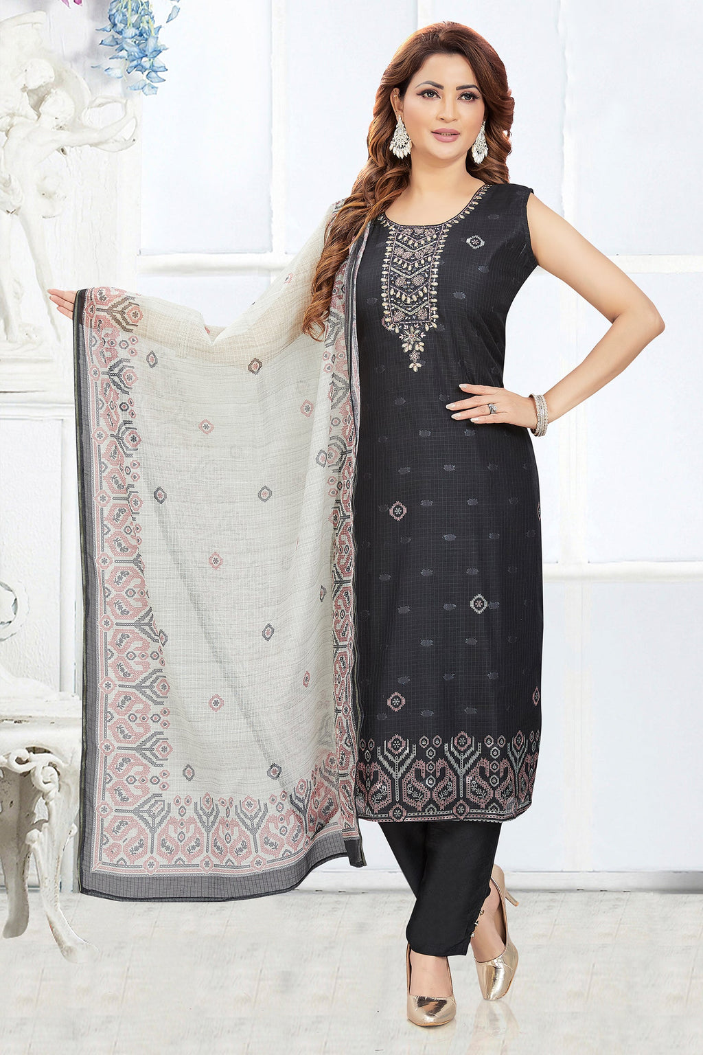 Black Chanderi Cotton Printed Straight Cut Kurti Set