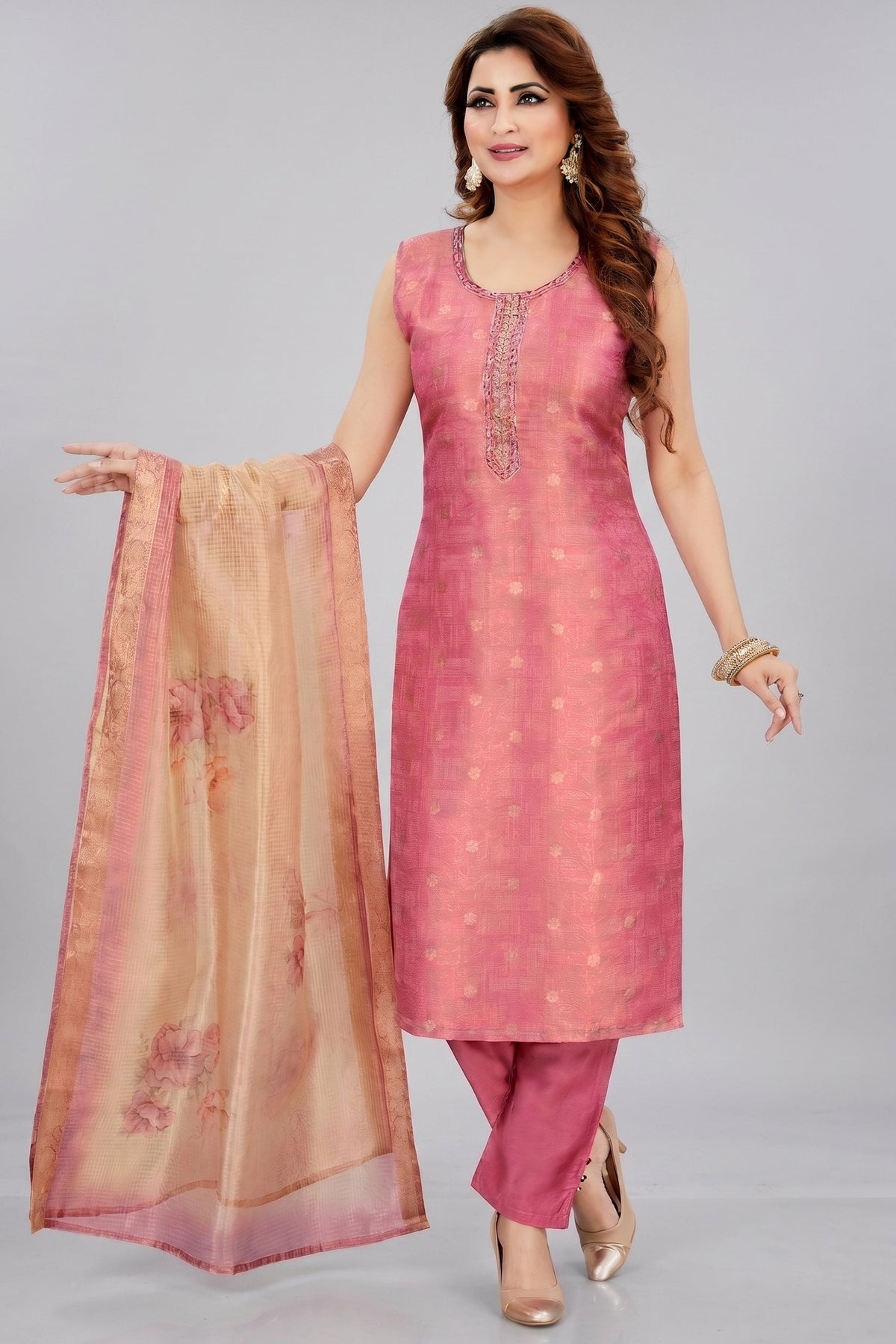 Pink Chanderi Cotton Straight Cut Kurti Set