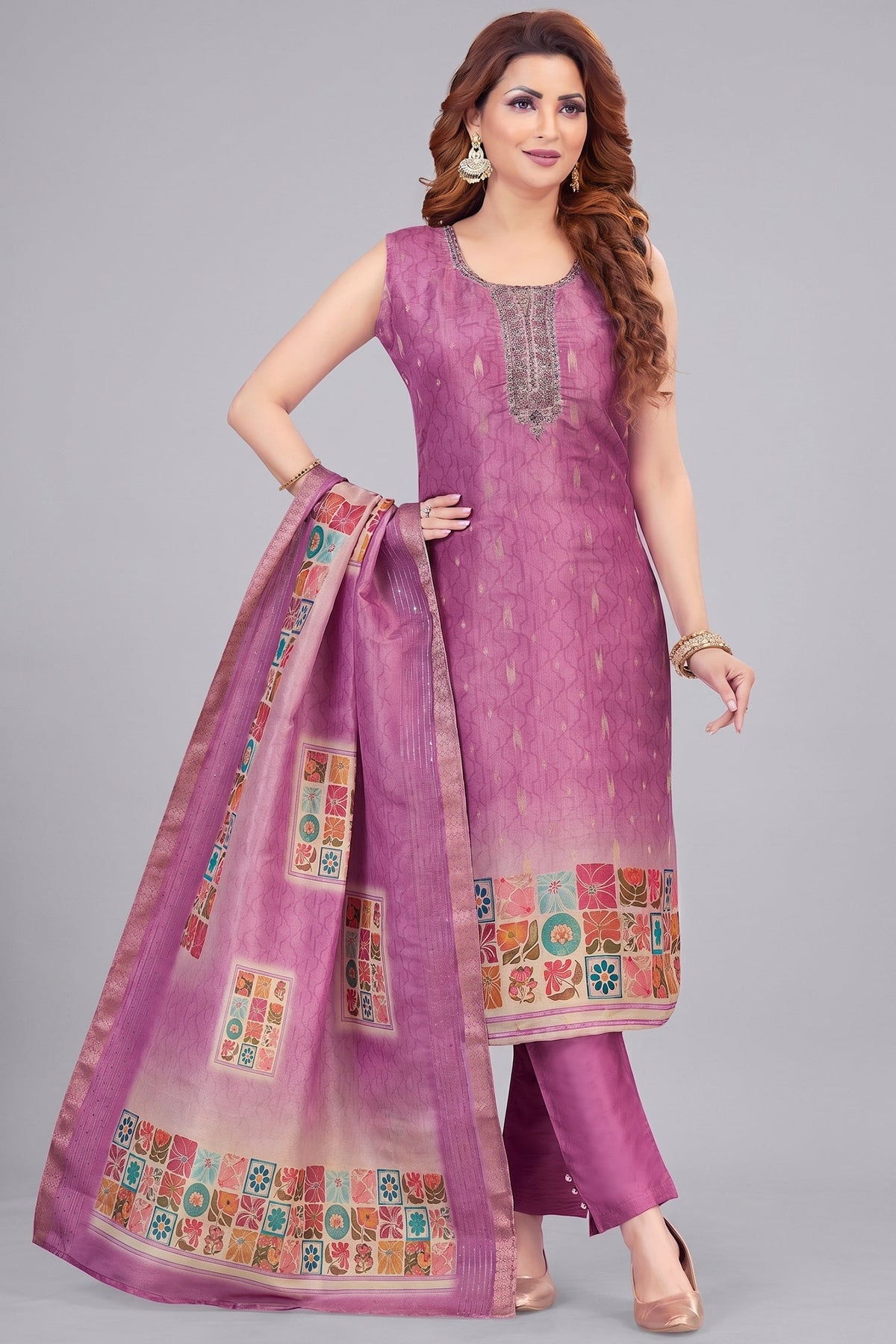 Purple Chanderi Cotton Printed Straight Cut Kurti Set