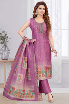 Purple Chanderi Cotton Printed Straight Cut Kurti Set