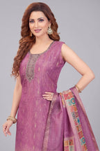 Purple Chanderi Cotton Printed Straight Cut Kurti Set