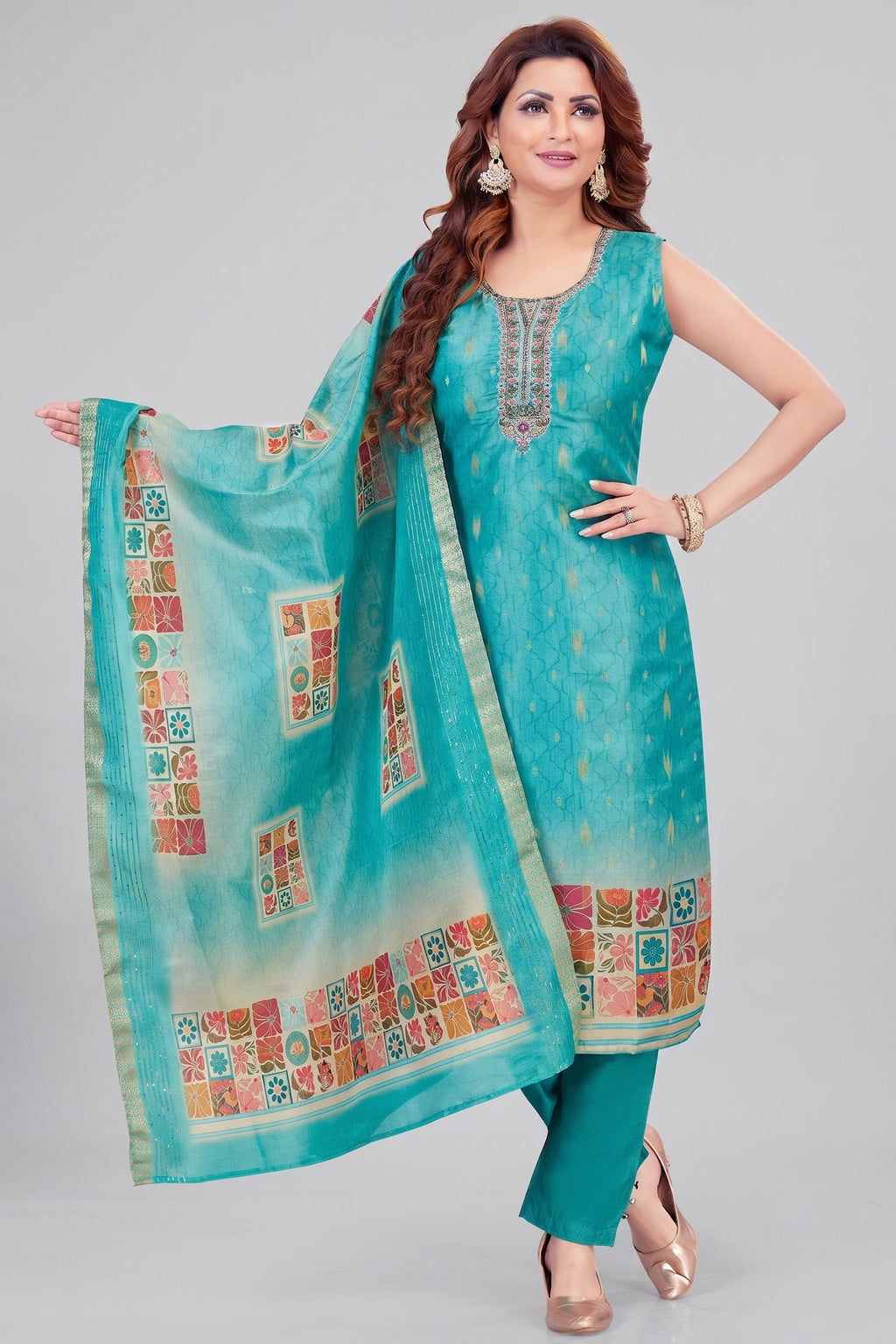 Sky Blue Chanderi Cotton Printed Straight Cut Kurti Set