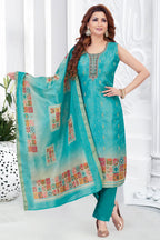 Sky Blue Chanderi Cotton Printed Straight Cut Kurti Set