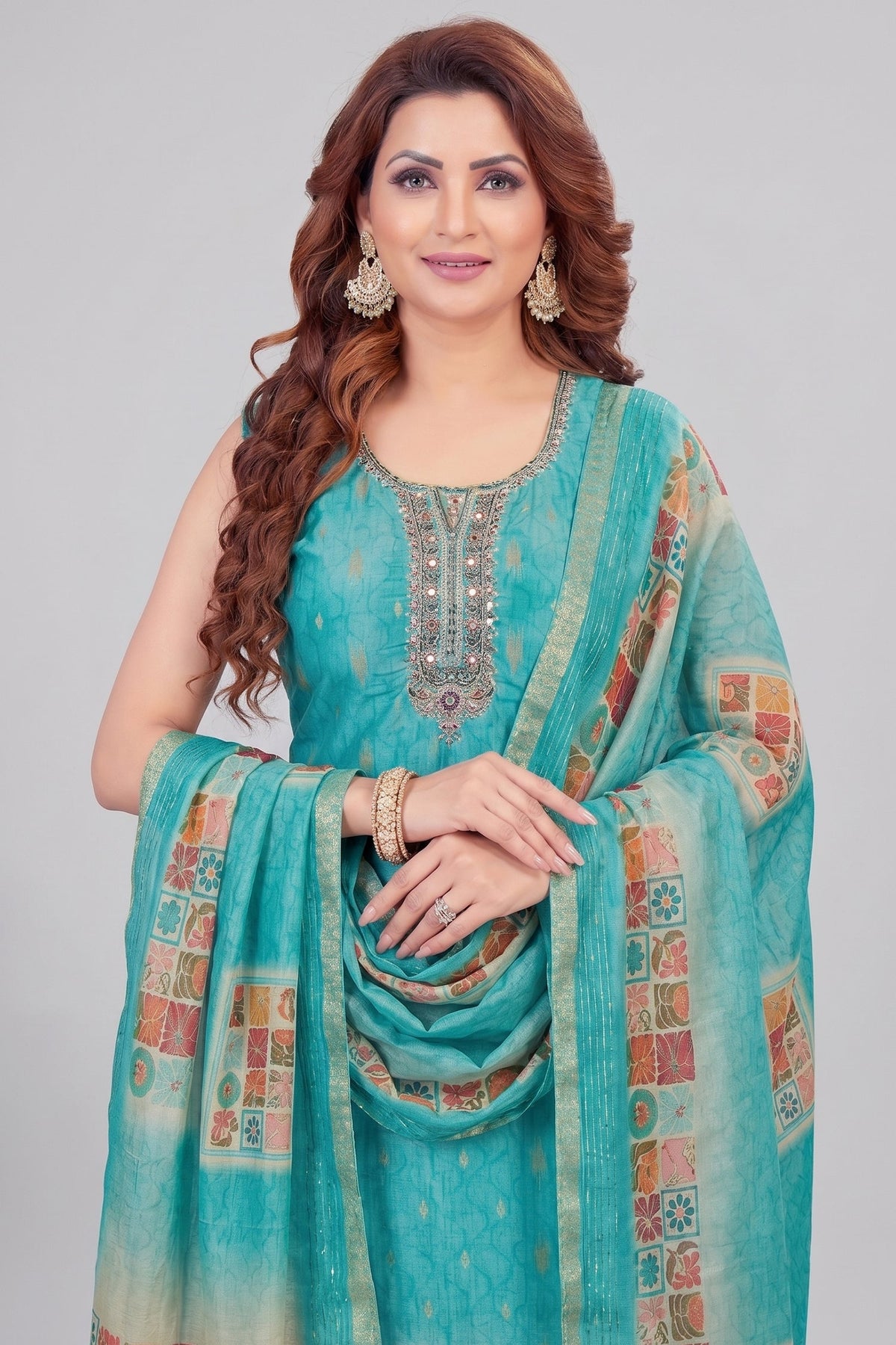 Sky Blue Chanderi Cotton Printed Straight Cut Kurti Set