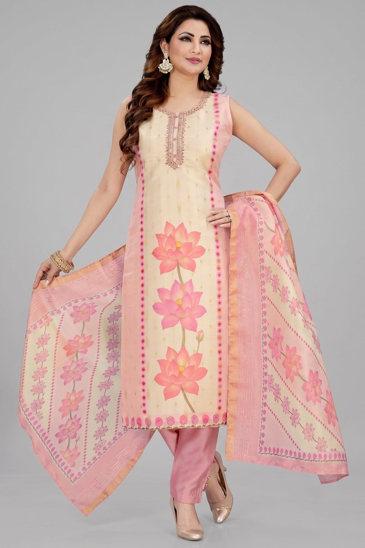 Pink Chanderi Floral Printed Straight Cut Kurti Set